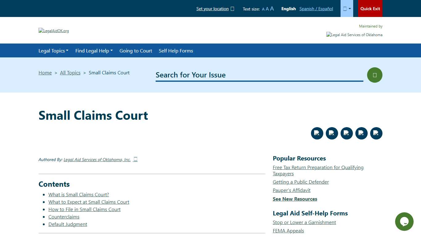 Small Claims Court Welcome to Legal Aid Services of Oklahoma's guide to free legal help in Oklahoma.
